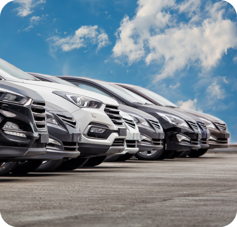 Row of new cars under blue sky.